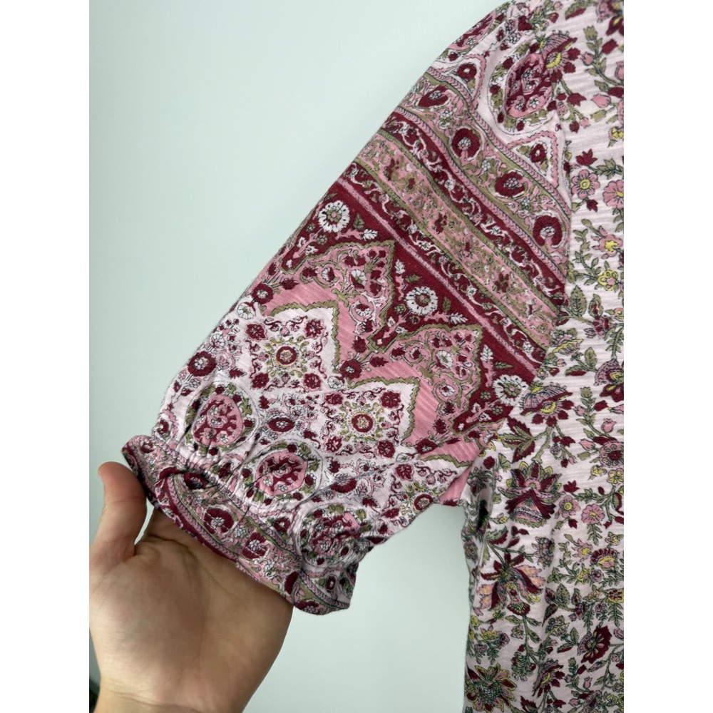 Lucky Brand Pink Floral paisley peasant Button Front Short Sleeve Boho Top Small - Picture 3 of 8